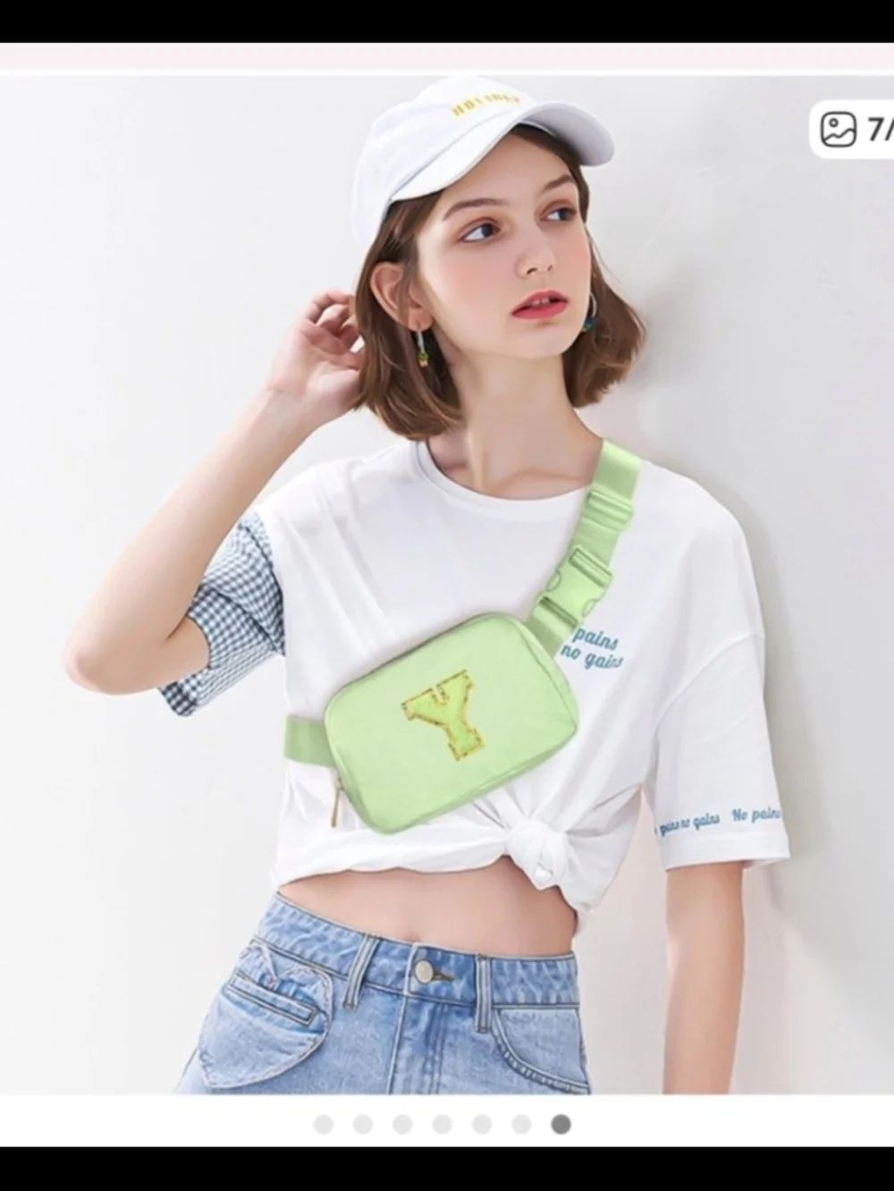 Light Green Crossbody Waist Bag with Embroidered Y